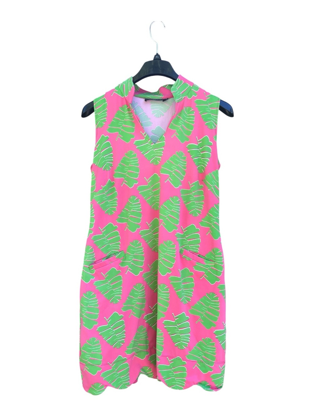 Katherine Way Pink Beachy Sleeveless Dress Green Leaf Pattern Scalloped Hem XL